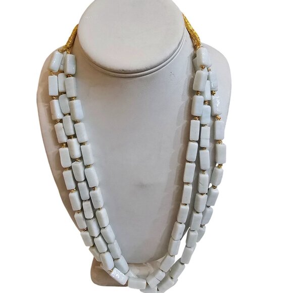 Vintage Jewelry - Vintage Square Glass Triple Strand And Gold Threaded Knotted Necklace (A9421)